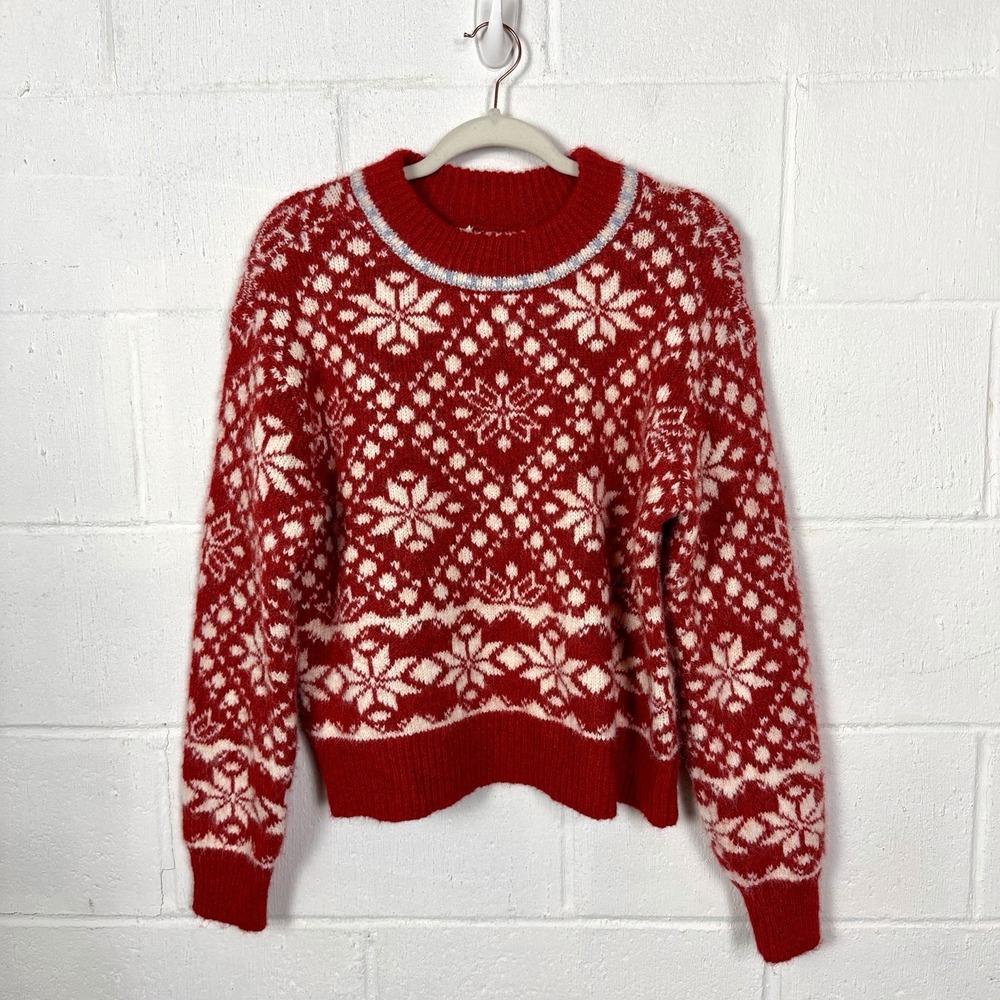 Universal Thread Cozy Alpine Snowflake Sweater XS Wool Blend Red Nordic Winter